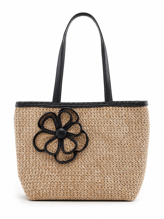 Bueno Handbags - LIKE NEW—Bueno Collection Black Trim Straw Shoulder Bag with 3D Flower Accent
